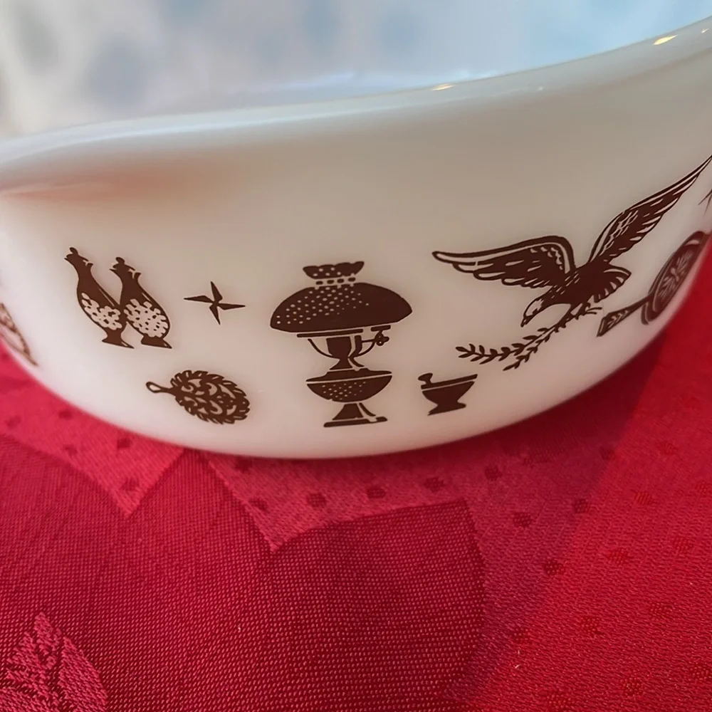 Vintage Pyrex White Mixing Bowl with Brown Farmhouse Design